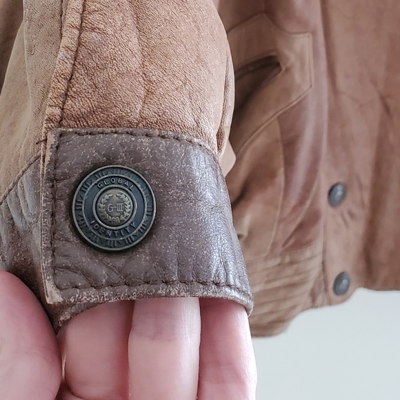 90s Vintage Patchwork Brown Leather Bomber Jacket with Grandpa Collar - Picture 3 of 9